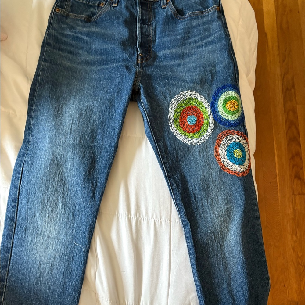 Embroidered Levi’s Blue Jeans with Colorful Circles